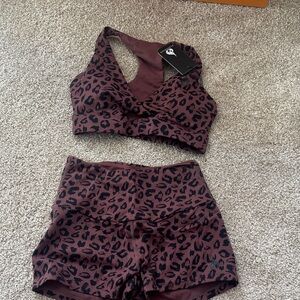 Ryderwear Brown Leopard Sports Bra and Shorts Set
